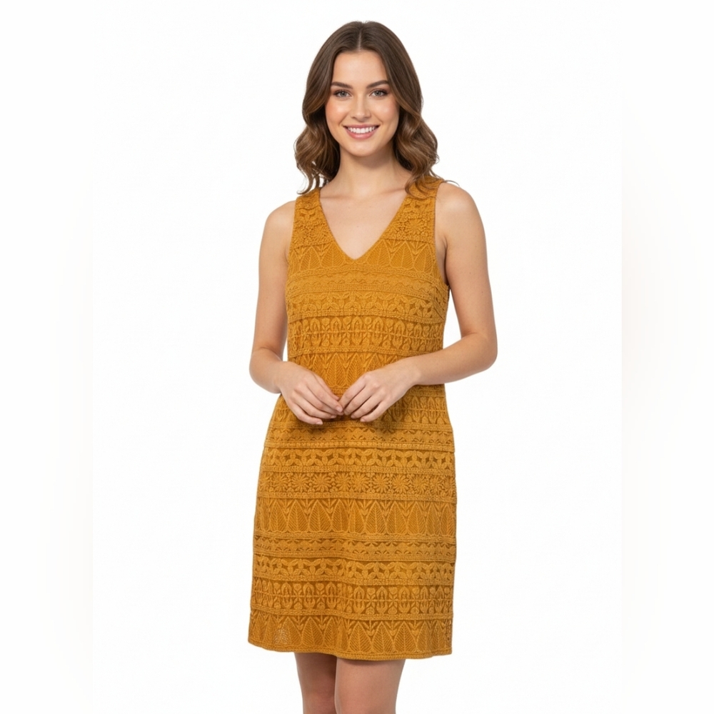 Garnet Hill‎ V-Neck Easy Embroidered Lace Dress goldenrod organic Cotton New 10